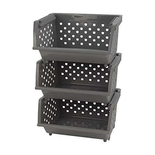 3 Pack Plastic Stacking Organizer Basket, Open Front Large Stackable Storage Bins, Gray