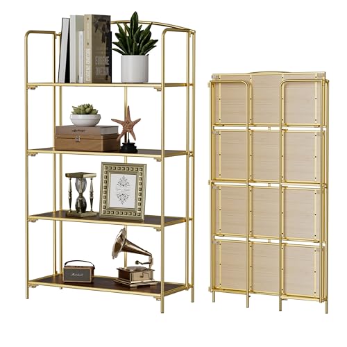 Crofy No Assembly Folding Bookshelf for Living Room, 4 Tier Gold Collapsible Book Shelf for Home Office, Portable Bookcase Storage Organizer - color: Gold Frame & Walnut Shelf, size: 4 Tier Wider