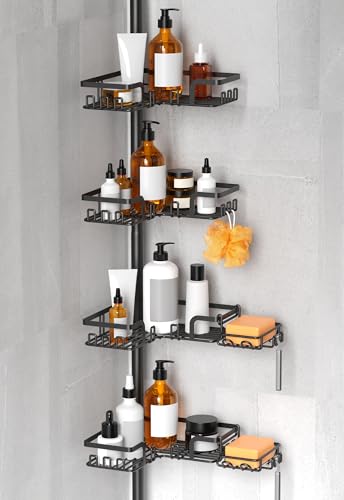 KEGII Shower Caddy Tension Pole – 4-Tier Adjustable Corner Bathroom Organizer Shelves with 2 Soap Holders, Hooks, Floor to Ceiling Storage Rack for Families & Renters, 25-114.2 Inch - style: Tension Caddy with Soap Holder（Black）