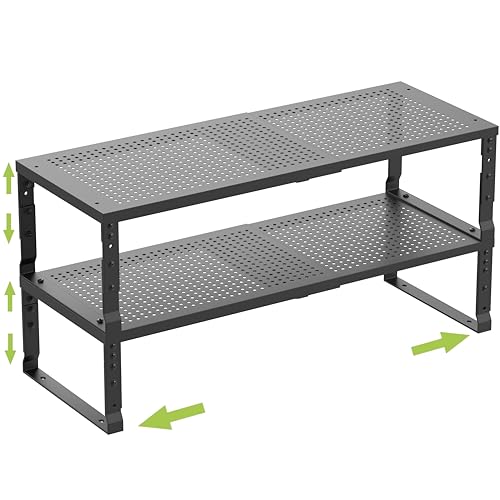 Jojocross Expandable Cabinet Shelf Organizer Storage Spice Rack Shelves for Kitchen Stackable Adjustable Pantry Cupboard Bathroom Countertop Desktop(2Packs/Black/Medium-with Hole) - color: 2 Packs/Black With Hole, size: MEDIUM:7.88"D x 16.6~26.5"W x 6.1"/