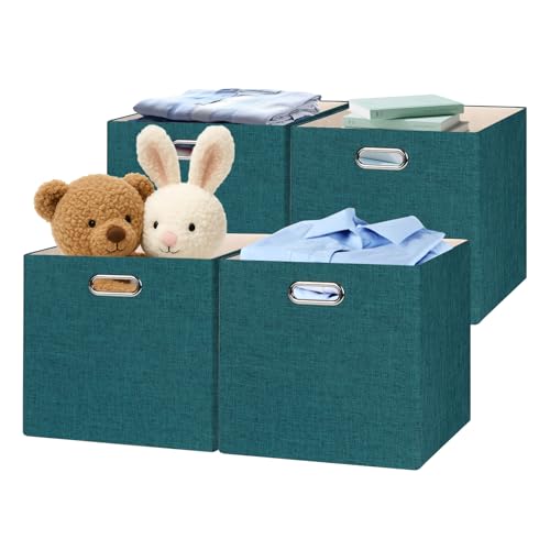 Posprica Collapsible Storage Bins,13×13 Foldable Storage Cube Boxes Fabric Drawer Fabric Storage Bins Vinyl Record Cubby Cubes with Handles for Bookcase, Closet, Shelf, Cabinet , 4 Pack - color: Bright Green, size: 13×13×13/4pcs