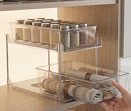 1 Pack Bathroom Organizer,2 Tier Clear Under Sink Organizers Vanity Countertop Storage Container,Cabinet Drawers Bins, Pull-Out Organization with Track for Pantry, Kitchen - color: Clear, size: 1 Pack