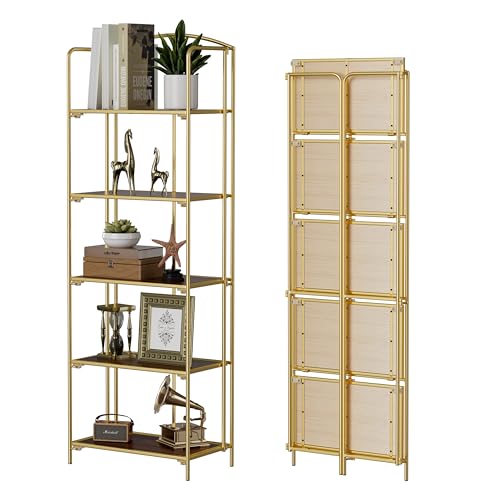 Crofy No Assembly Folding Bookshelf for Living Room, 5 Tier Gold Collapsible Book Shelf for Home Office, Portable Bookcase Storage Organizer - color: Gold Frame & Walnut Shelf, size: 5 Tier