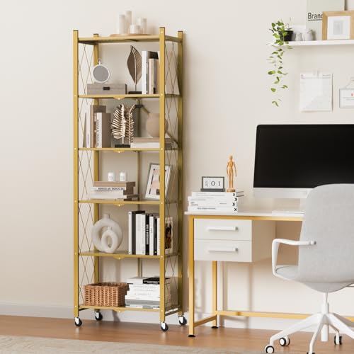 ALANNG 73.6 Inch Folding Bookshelf, 6 Tier Metal Bookcase and Bookshelves, Tall Shelves for Living Room Office Bedroom, Heavy Duty Book Shelve Free Standing Open (Gold, 1PACK) - color: Gold