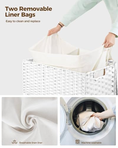 Greenstell Laundry Hamper with Wheels, No Install Needed, 110L Divided Handwoven Hampers & 2 Removable Liner Bags, Rattan Clothes Laundry Basket with Lid & Handles, Foldable Hampers White - color: White, size: 110L: 22.0x13.5x26.4 Inches