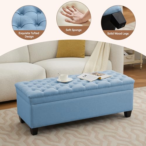 WUTUTUEE 51" Fabric Storage Ottoman Bench, Upholstered Rectangle End of Bed Storage Ottoman Tufted Living Room Bedroom Bench with Safety Hinge, Solid Wood Legs, Loads 500 lb(Light Blue) - color: Light Blue-fabric