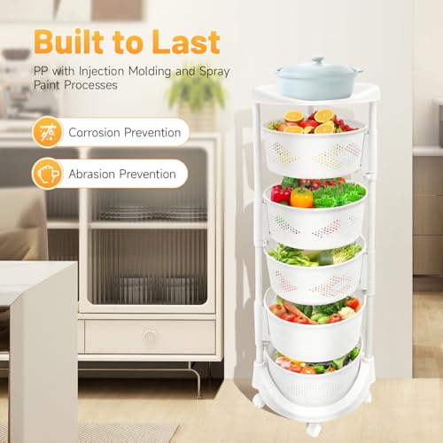 5 Tier Kitchen Storage Rack, Rotating Storage Shelf with Lockable Casters Multi-Layer Kitchen Shelf Vegetable Rotating Basket Organizer Stackable Round Storage Cart - size: 5 Tier