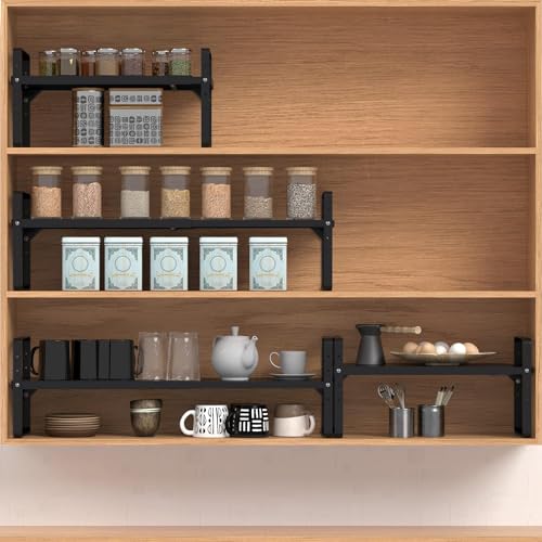 Expandable Cabinet Shelf Organizer Adjustable Metal Spice Rack Stackable Freestanding Counter Storage Shelves for Kitchen Cabinet Under Sink Office Desk (Black - 3Pack - L16.5-27'' * W10.2'' * H9.6'') - color: Black - 3pack - L16.5-27'' * W10.2'' * H9.6''