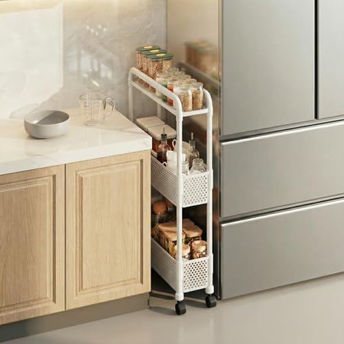 Slim Storage Cart, Plastic Kitchen Gap Storage, Multi-Layer Organizer with 360° Swivel Wheels for Kitchen Bathroom (White,3 Tier) - color: White, size: 3 Tier