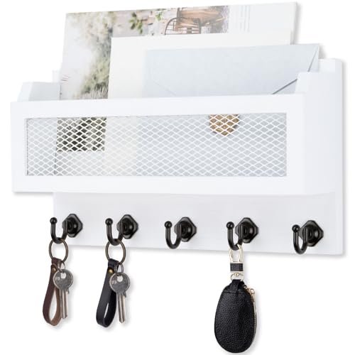 Nekon Mail and Key Holder for Wall Decorative, 11 Inch Wooden Wall Key Organizer with 5 Key Hooks, Wall Mount Storage Shelf for Entryway Hallway (White) - color: White
