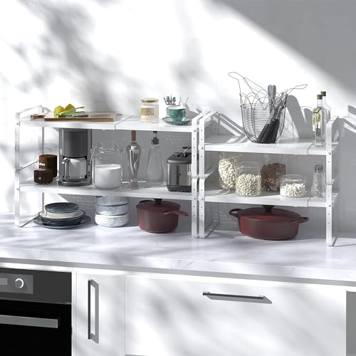 Expandable Kitchen Cabinet Shelf Organizer Rack Heavy Duty Metal Spice Rack Stackable Kitchen Counter Storage Shelf for Kitchen Cabinet Pantry Bathroom (White - 16.5"-27" L x 8" W x 9.6" H - 3Pack) - color: White - 16.5"-27" L X 8" W X 9.6" H - 3pack