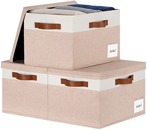 Large Storage Bins with Lids, Foldable Fabric Storage Baskets with Lids, Sturdy Storage Boxes with Labels and 3 PU Handles for Closet Home Bedroom Office (26L, 3 Packs, Pink&White) - color: Pink with White, size: Large-3pcs