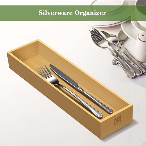 guiogc Silverware Drawer Organizer, Utensil Organizer, Bamboo Storage Box Wood Tray for Drawer Set of 2 - size: 11.6" x 3.15" x 1.8"