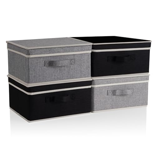 Storage Bins with Lid, Foldable Clothing Storage Box case with Handle for Closet, Bedroom, Home, Gray+Black, 13L x 12.5W x 7H inch - color: 2XGray+2XBlack, size: 13L x 12.5W x 7H inch