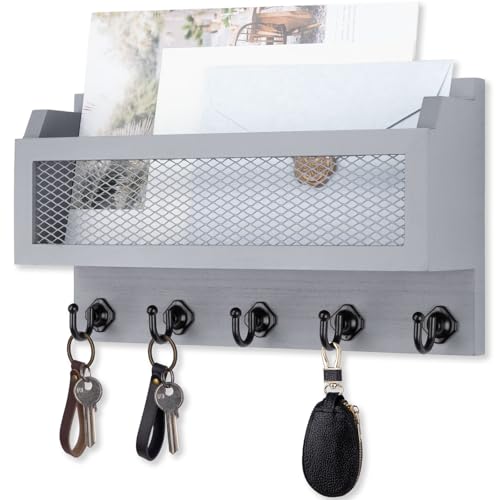 Nekon Mail and Key Holder for Wall Decorative, 11 Inch Wooden Wall Key Organizer with 5 Key Hooks, Wall Mount Storage Shelf for Entryway Hallway (Gray) - color: Gray