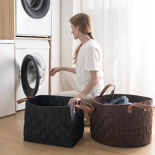 boldmonkey Laundry Basket 16.5 " x13 x13 , Large Rectangular Felt Fabric Blanket Basket with Leather Handle, Dirt Clothes Laundry Hamper for Babies, Dogs and Living Room-Brown - color: Wood Brown