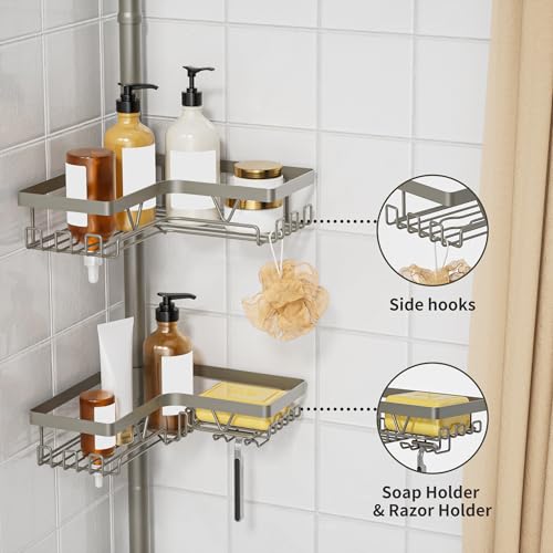 KEGII Shower Caddy Tension Pole, 4-Tier Rustproof Adjustable Corner Bathroom Organizer for Renters, 25–114.2 Inch No Drill Space-Saving Shower Storage Rack, Silver Gray - style: Tension Caddy（Silver Gray）