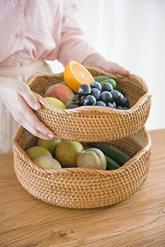 HITOMEN Handmade Rattan Bread Baskets Round Wicker Fruit Serving Storage Bowls, Natural Woven Decorative Kitchen Counter Organizing (Honey Brown) Set of 3 - size: Set (Small, Medium, Large)