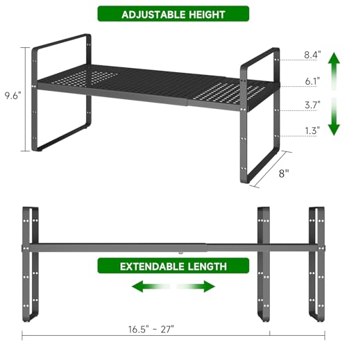 Expandable Kitchen Cabinet Shelf Organizer Rack Heavy Duty Metal Spice Rack Stackable Kitchen Counter Storage Shelf for Kitchen Cabinet Pantry Bathroom (Black - 16.5"-27" L x 8" W x 9.6" H - 2Pack) - color: Black - 16.5"-27" L x 8" W x 9.6" H - 2Pack