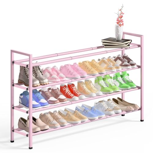 Bumusty 4-Tier Long Expandable Shoe Rack for Closet, 18"-44" Adjustable Shoe Rack for Entryway, 20-24Pairs Large Shoe Organizer Shelf Storage, Sturdy Metal, Black - color: Pink, size: 4-Tier