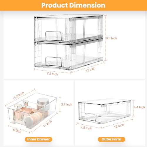 6 Pack Stackable Storage Drawers,Plastic Organizers Bins, Drawers Storage with Handles and Movable Dividers for Organization and Storage in Fridge,Bathroom, Pantry, Kitchen Cabinets, Under Sink - size: 6Pack 4.4"H-with Dividers