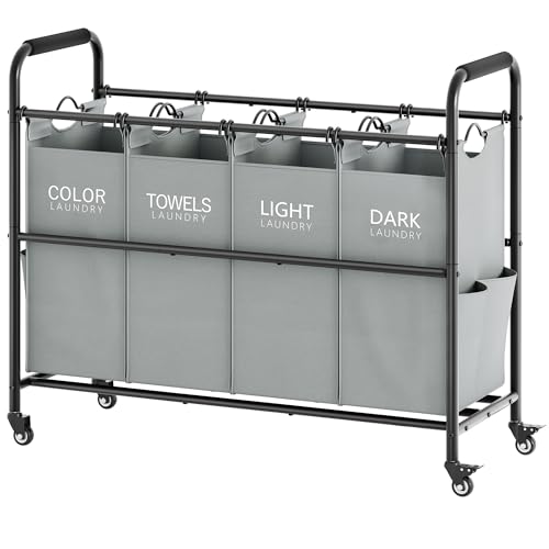 Tajsoon 4 Bag Laundry Sorter Cart, 4 Section Laundry Hamper Sorter with Heavy Duty Lockable Rolling Wheels, Laundry Separator Hamper with Removable Bags for Dirty Clothes Storage, Grey - color: Grey