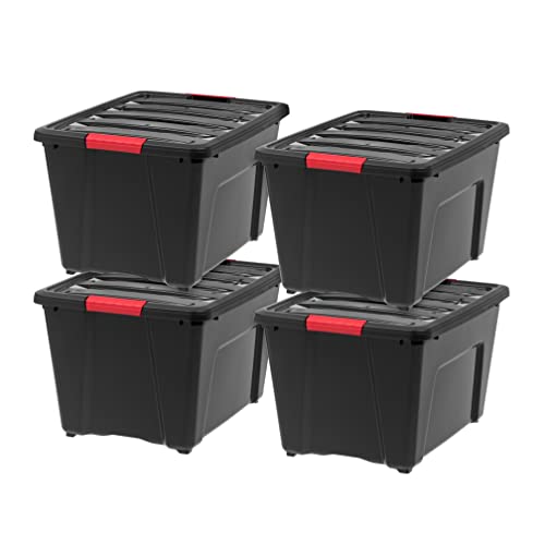 IRIS USA 51 L (54 QT) Plastic Storage Box with Lid and Latches - 4 Pack - BPA-Free, Garage Organizing Solution, Durable Nestable Stackable Containers, Secure Pull Handle - Black - size: 54 Qt, style: 4 Pack