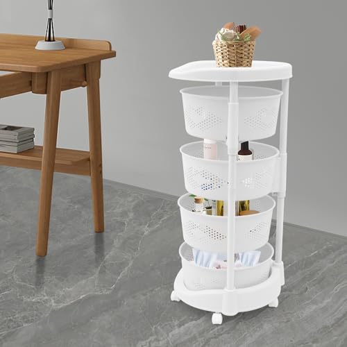 Multi-Layer Vegetable Rotating Basket Rack, Fruit Snack Storage Kitchen Organizer, White Storage Cart, Fruit Basket for Kitchen with 5 Lockable Casters, Vegetable Rack (4 Tiers) - size: 4 Tiers