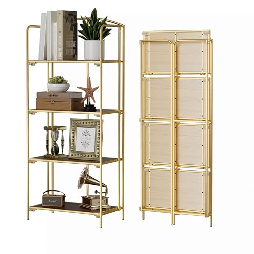 Crofy No Assembly Folding Bookshelf for Living Room, 4 Tier Gold Collapsible Book Shelf for Home Office, Portable Bookcase Storage Organizer - color: Gold Frame & Walnut Shelf, size: 4 Tier