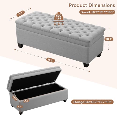 WUTUTUEE 51" Fabric Storage Ottoman Bench, Upholstered Rectangle End of Bed Storage Ottoman Tufted Living Room Bedroom Bench with Safety Hinge, Solid Wood Legs, Loads 500 lb(Light Grey) - color: Light Grey-fabric