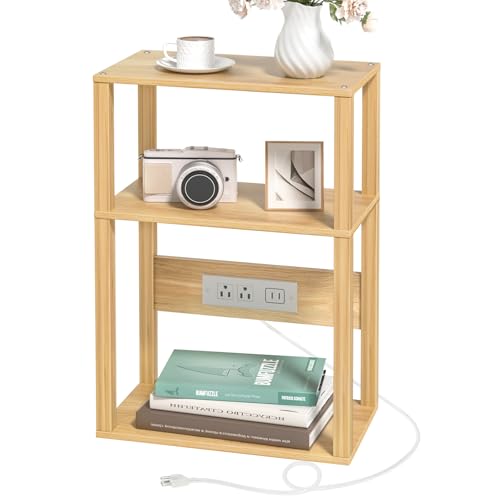 YUFAM Small Narrow Wood Side Table with Charging Station, 3-Tier Slim End Table for Small Space, Skinny Nightstand with Storage for Couch, Thin Bedside Table with USB Ports and Outlets, Natural - color: Natural, size: 1 Pack