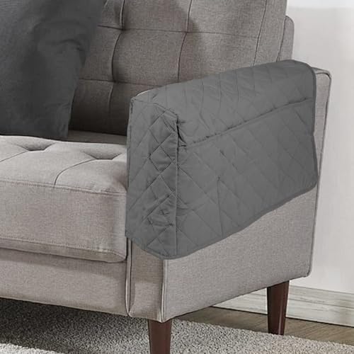2Pcs Sofa Armrest Cover, Waterproof Armchair Slipcovers with Side Pocket, Couch Arm Covers, Easy Installation Armrest Organizer, Sofa Arm Protector for TV Remote Phone (Grey)
