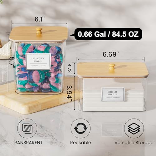 HomePekite Laundry Pods Storage Container, Clear Laundry Room Organization and Storage,Detergent Powder Container,with Wooden Lids & Labels, 3+1 Pack - style: 3+1 Pack