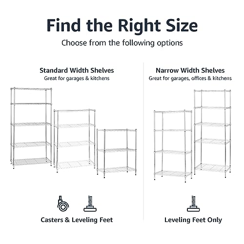 Amazon Basics 5-Shelf Adjustable, Heavy Duty Storage Shelving Unit on 4" Wheel Casters, Easy to Move Portable Wire Shelving, No Tools Needed for Easy Assembly, 30" x 14" x 64.8", Chrome - color: Chrome