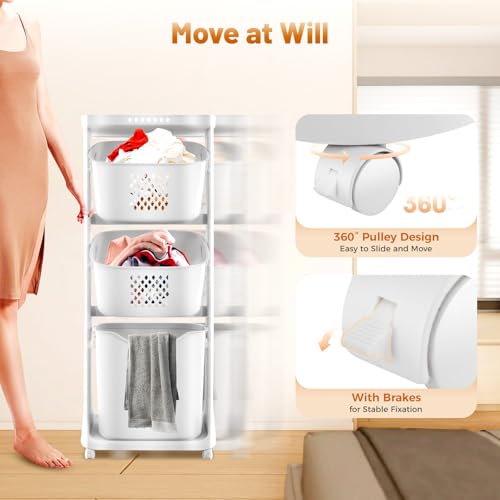 TFCFL 3-Tier Laundry Hamper Sorter Laundry Basket with Wheels, Rolling Laundry Hamper Cart with Wheels, Removable Rolling Laundry Baskets, Bathroom Cart for Dirty Clothes