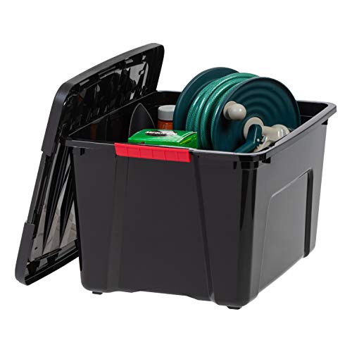 IRIS USA 40 Qt Stackable Plastic Storage Bins with Lids, 4 Pack - BPA-Free, Made in USA - Garage Organizing Solution, Latches, Durable Nestable Containers, Secure Pull Handle - Black - size: 40 Qt, style: 4 Pack