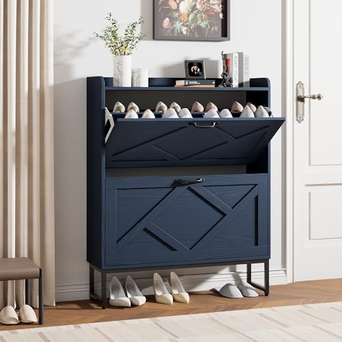 Nicetree Shoe Storage Cabinet, Shoe Cabinet with 2 Flip Drawers, Narrow Shoe Rack Cabinet, Farmhouse Slim Shoe Cabinet Storage for Entryway,Blue - color: Navy Blue, style: 2-Drawers