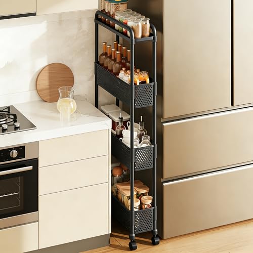 Slim Storage Cart, Kitchen Gap Storage, Multi-Layer Organizer with 360° Swivel Wheels for Kitchen Bathroom (Black,4 Tier) - color: Black, size: 4 Tier