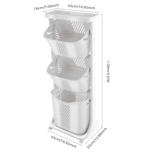 3 Tier Rolling Laundry Basket Vertical laundry hamper Sorter Cart with Wheels and Breaks Bathrooms Clothes Hamper 3 Section laundry organizer for Kitchens, Bedrooms, Laundry Rooms