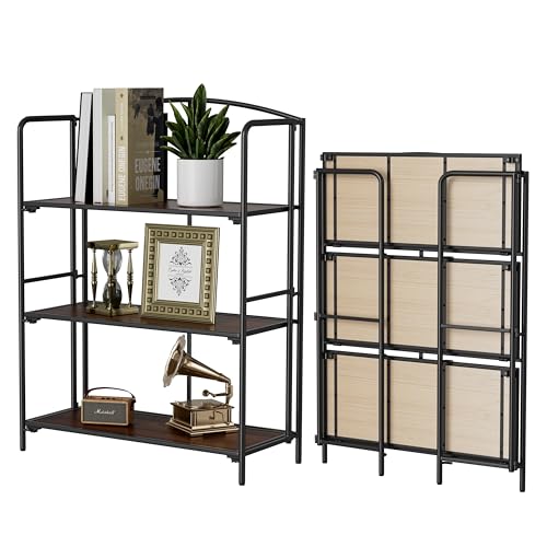 Crofy No Assembly Folding Bookshelf for Living Room, 3 Tier Black Collapsible Book Shelf for Home Office, Portable Bookcase Storage Organizer - color: Black Frame & Walnut Shelf, size: 3 Tier Wider
