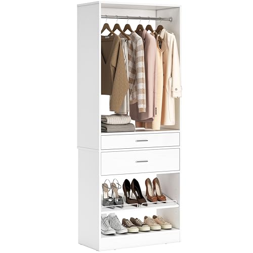 Unikito 25” W x 80'' H Closet Organizer Storage with Hanging Rod and 2 Wooden Drawer, Adjustable Angled Shoes Rack, Sturdy Garment Racks, Walk-in Closet Tower for Bedroom, Mudroom, and Entryway, White - color: White, size: 25 Inch