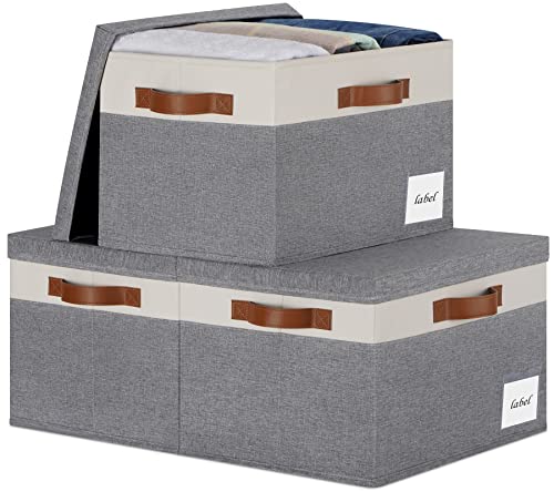 Large Storage Bins with Lids, Foldable Fabric Storage Baskets with Lids, Sturdy Storage Boxes with Labels and 3 PU Handles for Closet Home Bedroom Office (26L, 3 Packs, Grey&White) - color: Grey with White, size: Large-3pcs