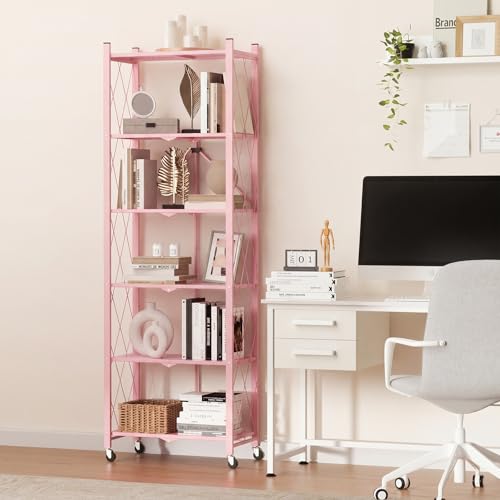ALANNG 73.6 Inch Folding Bookshelf, 6 Tier Metal Bookcase and Bookshelves, Tall Shelves for Living Room Office Bedroom, Heavy Duty Book Shelve Free Standing Open (Pink, 1PACK) - color: Pink