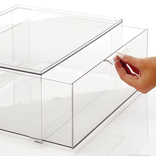 mDesign Plastic Stackable Bathroom Storage Organizer Bin Containers with Front Pull Drawer for Bathroom Countertop, Vanity, Closet Shelves - Holder for Beauty Accessories - Lumiere Collection - Clear - size: 16 x 12 x 6 (Pack of 1)