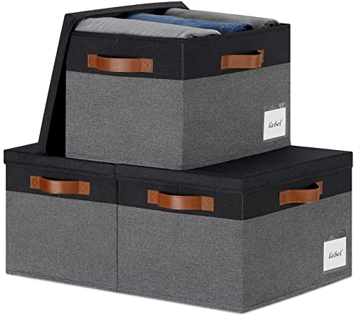 Large Storage Bins with Lids, Foldable Fabric Storage Baskets with Lids, Sturdy Storage Boxes with Labels and 3 PU Handles for Closet Home Bedroom Office (26L, 3 Packs, Grey&Black) - color: Grey with Black, size: Large-3pcs