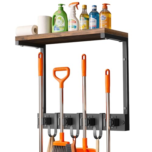 Supforce Broom Holder Wall Mount with Top Wooden Shelf, Heavy Duty Metal Cleaning Supplies Broom Hanger with 4 Slots & 3 Hooks for Laundry Garage Tool Storage Kitchen (Small) - size: Small