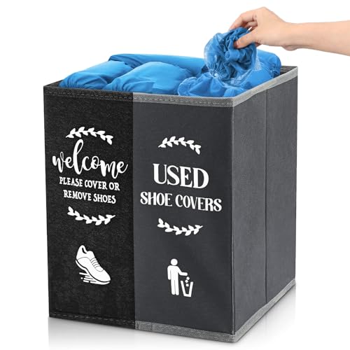 Shoe Cover Box Dispenser Foldable Storage Bin Holder with Used Shoe Covers and Welcome Please or Remove Sign for Open House Supplies (Black, Gray) - color: Black, Gray