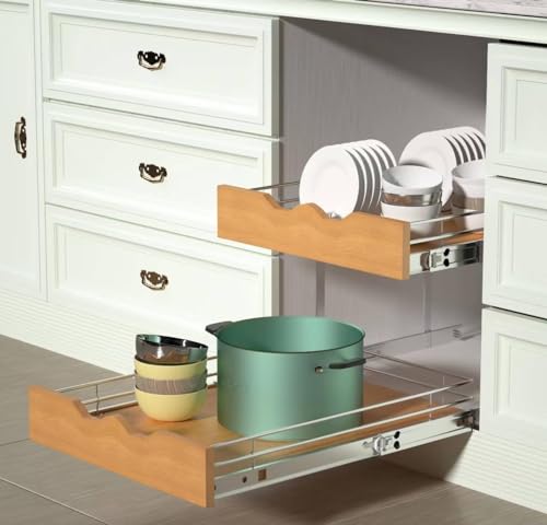 DINDON 2 Tier Pull Out Cabinet Organizer (20" W x 21" D) Slide Out Wood Shelf Double Tier Kitchen Wire Basket with Chrome Finish… - size: 20'' W X 21'' D