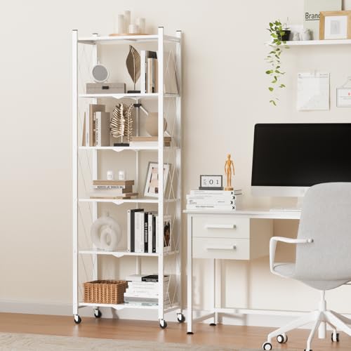 ALANNG 73.6 Inch Folding Bookshelf, 6 Tier Metal Bookcase and Bookshelves, Tall Shelves for Living Room Office Bedroom, Heavy Duty Book Shelve Free Standing Open (White, 1PACK) - color: White