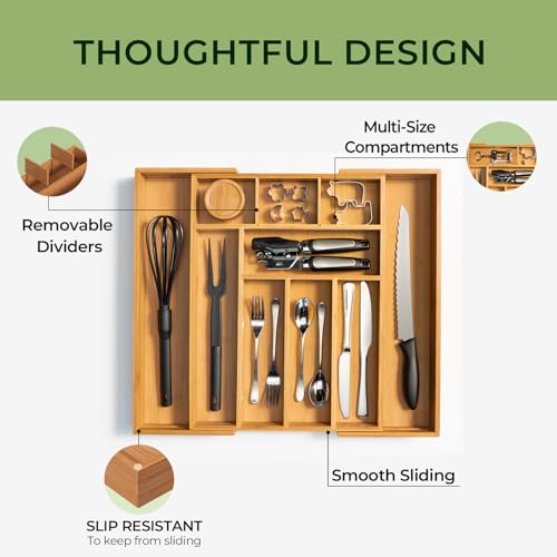 keechee 6-Piece Bamboo Drawer Organizer Set, 2.2" Deep Multi-Use Organizers for Utensils, Silverware, Cutlery, Desk, Bathroom, Junk Drawer & Makeup, Non-Slip Feet Included. - size: Bundle: 10 Slots (Expandable) + 5 Pc Set